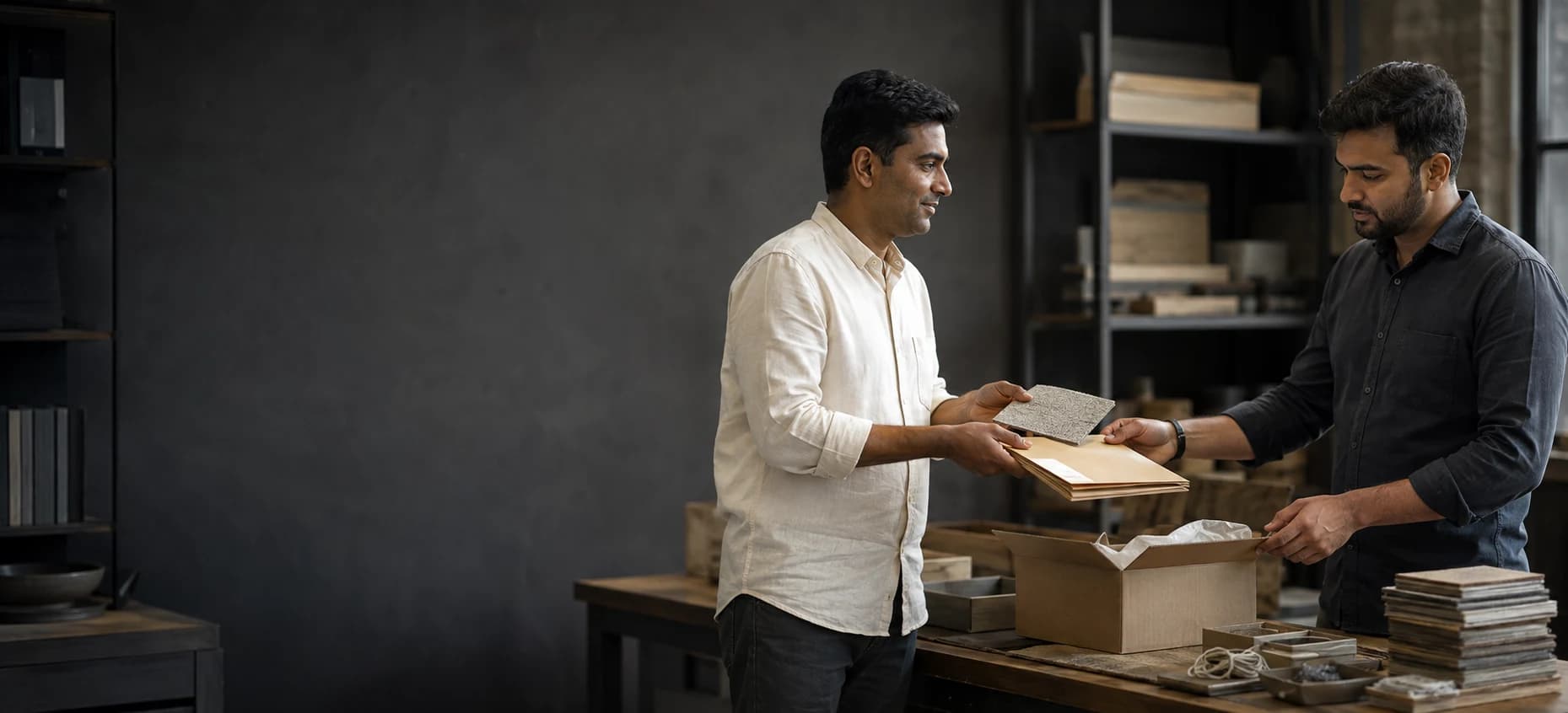 Editorial photograph of two teammates passing a folder and material samples across a workbench.