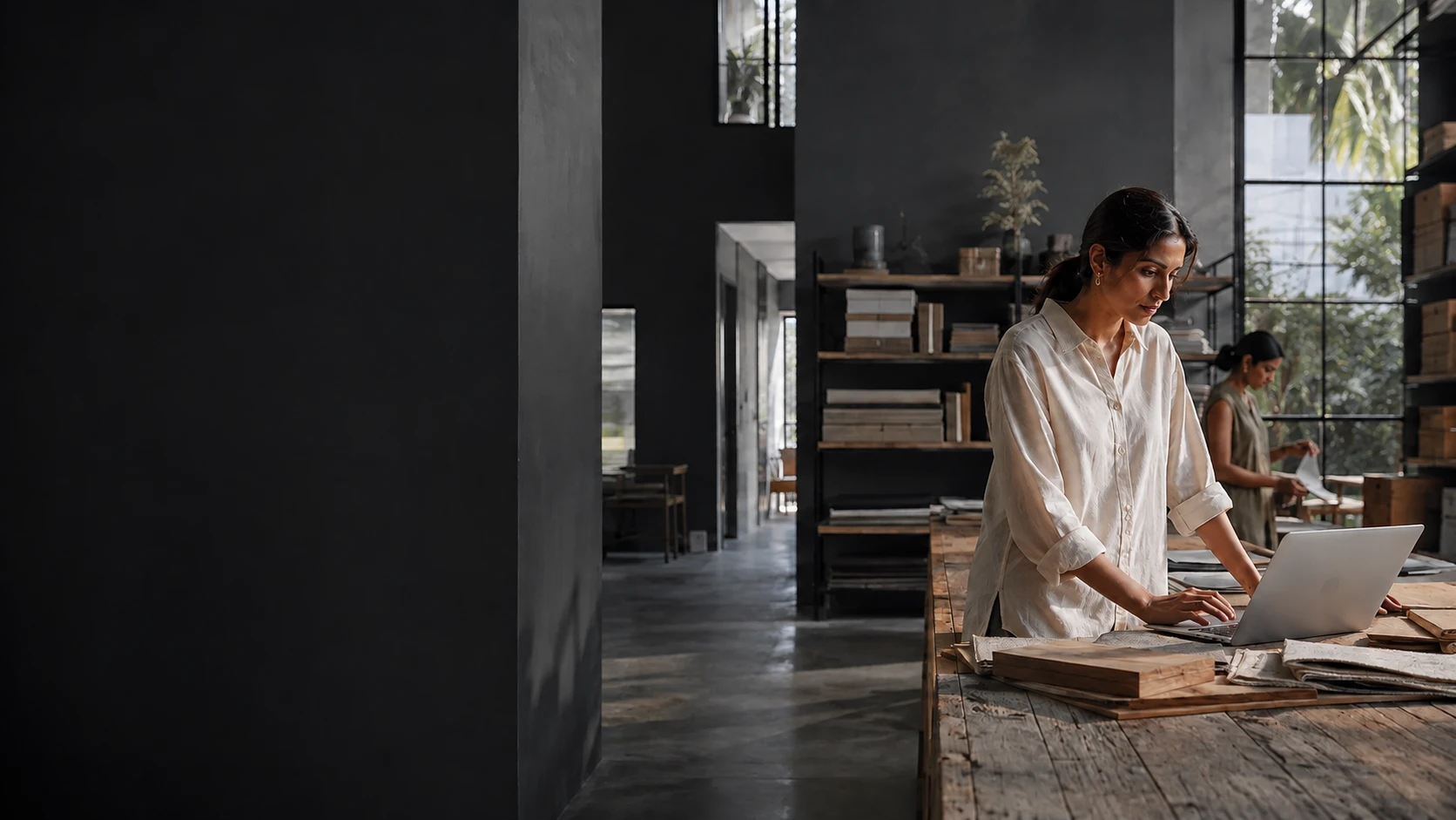 A business owner reviewing customer work in a sunlit design studio.