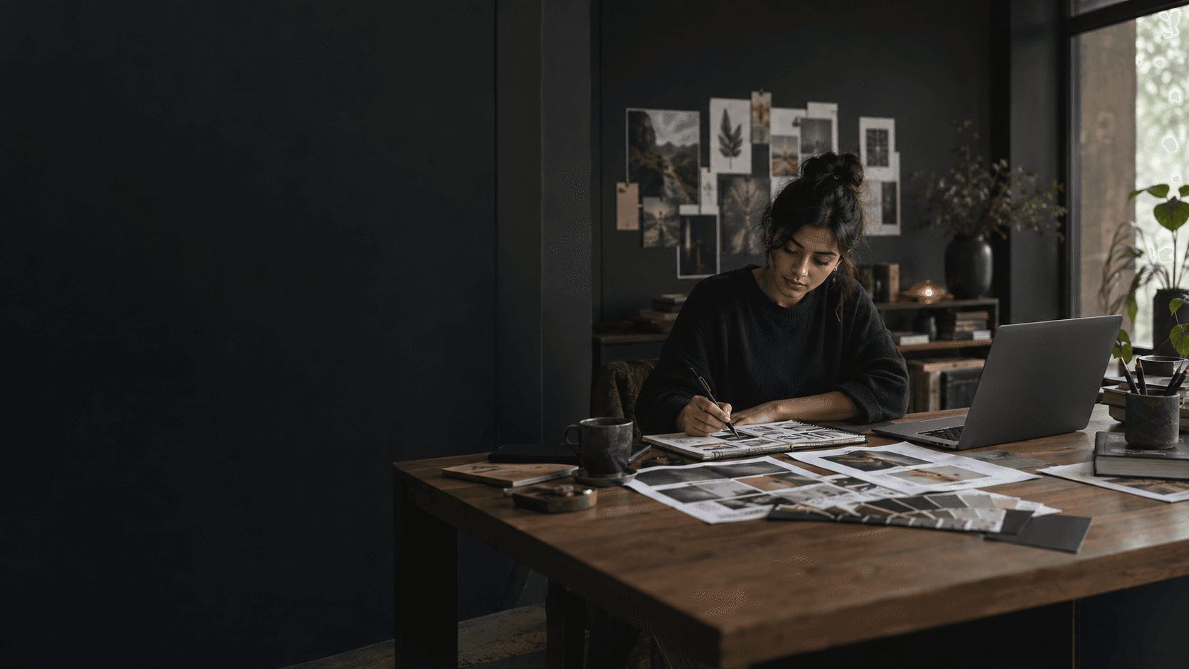 A visual designer developing concepts at a desk in a charcoal-toned creative studio.