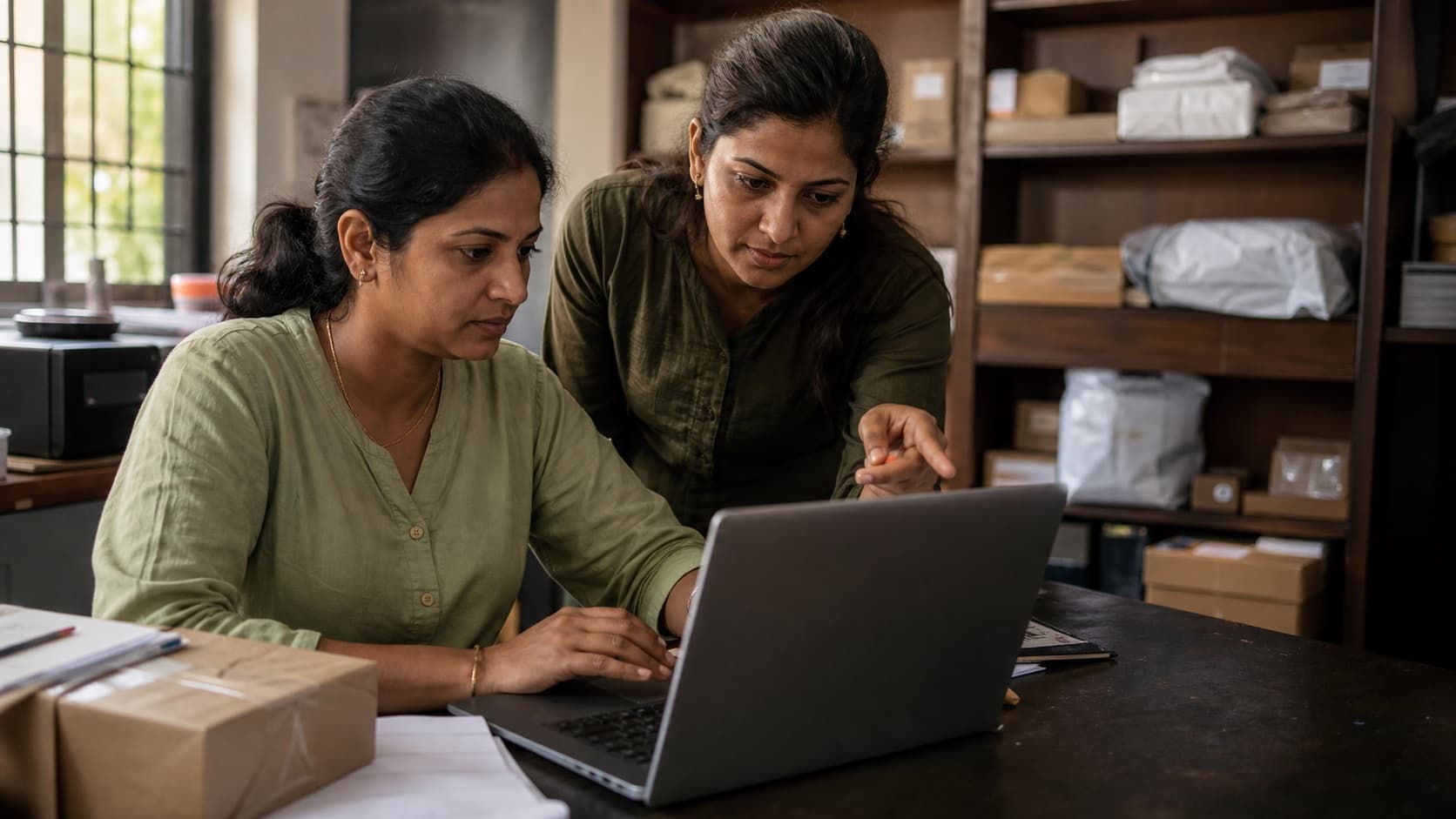 Editorial photograph of two teammates reviewing customer work together at a laptop.