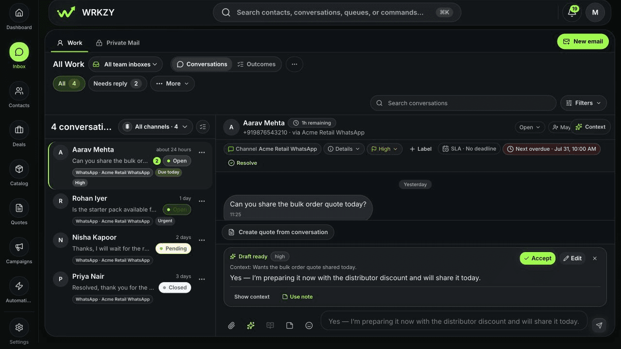 Current WRKZY inbox showing a customer enquiry, assigned owner and response timing