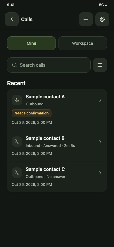 WRKZY mobile Calls interface preview showing demo customer call history and outcomes (dark mode)