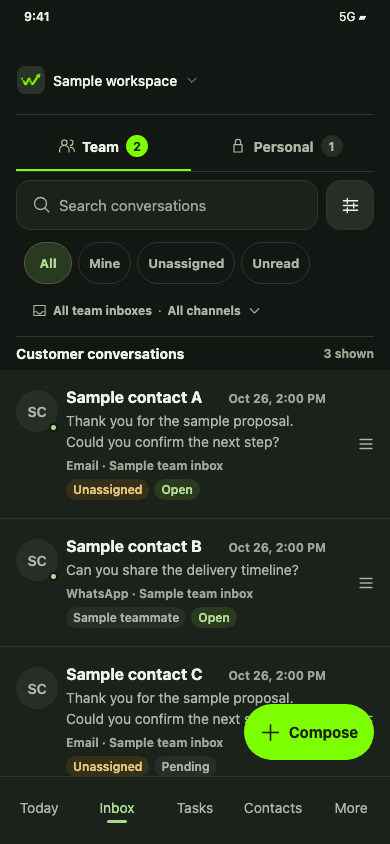 WRKZY mobile Team Inbox interface preview showing demo customer conversations (dark mode)