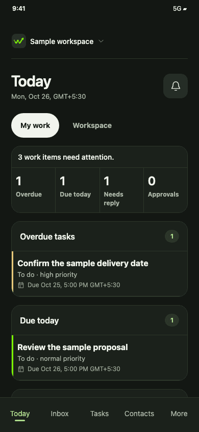 WRKZY Today interface preview showing demo overdue tasks and work due today (dark mode)