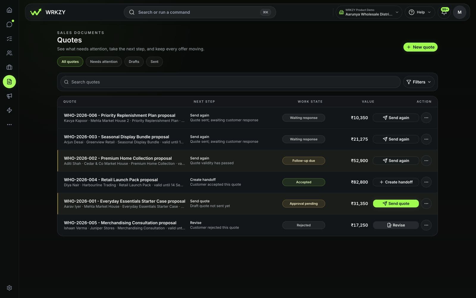WRKZY quotes workspace showing quote work states, commercial values, and next actions.