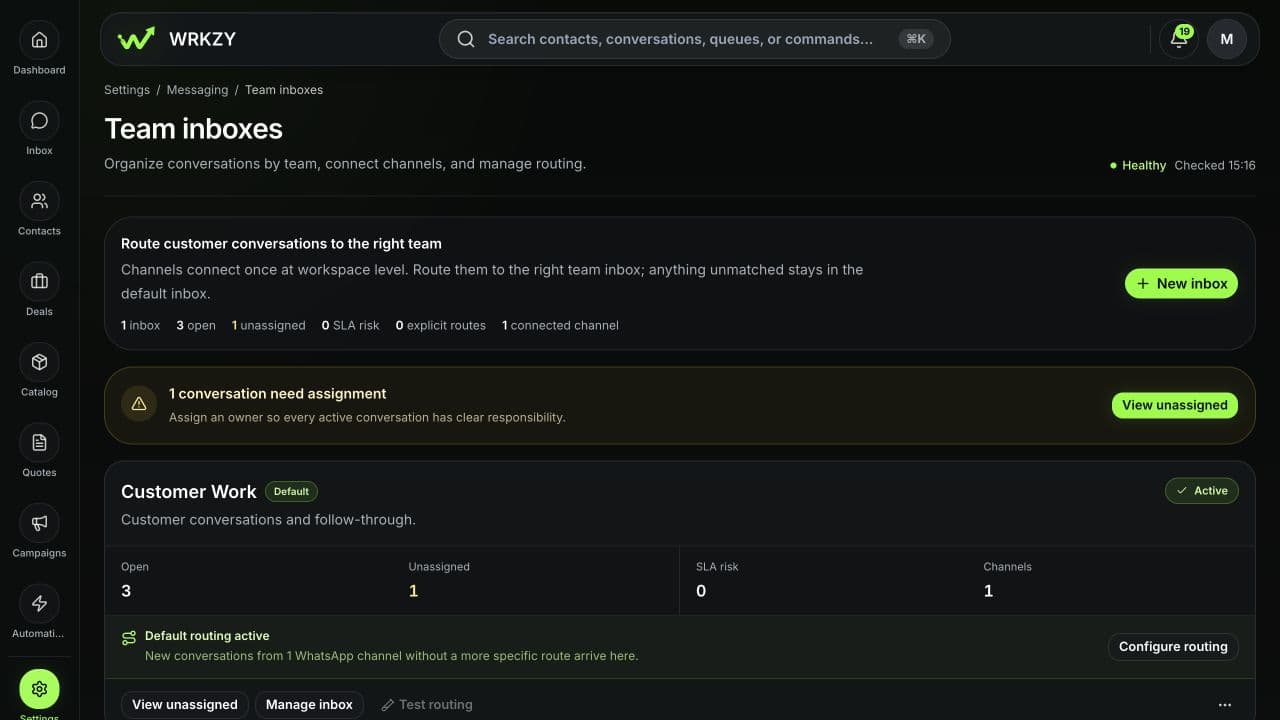 WRKZY Team Inbox settings showing a configured customer-work destination, connected channel and unassigned work.