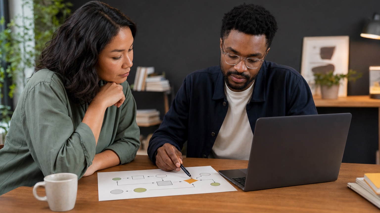 Two operations teammates review an automation route before allowing it to run.