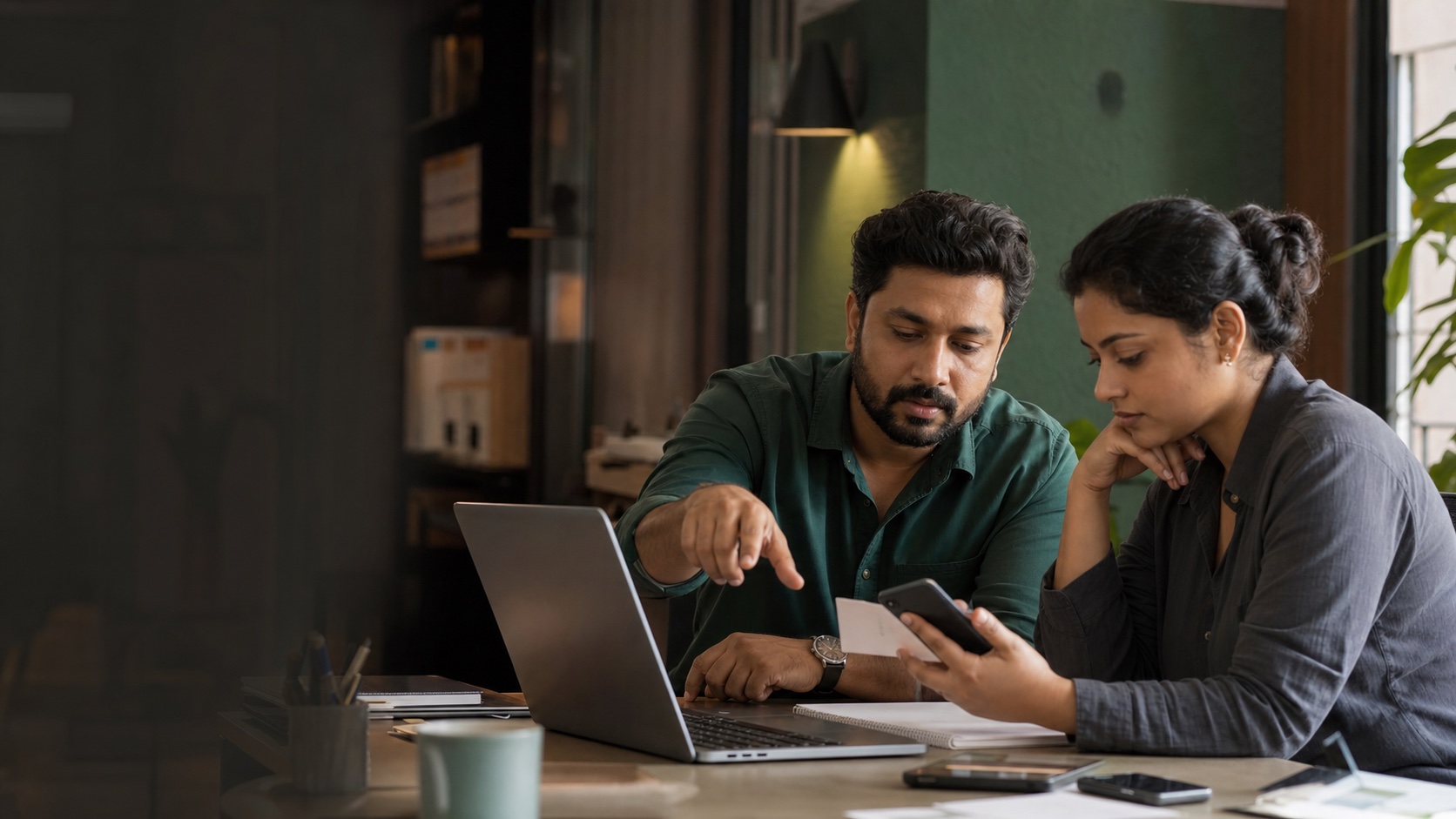 A sales operator and finance teammate review a buyer-specific offer together across a laptop and phone.