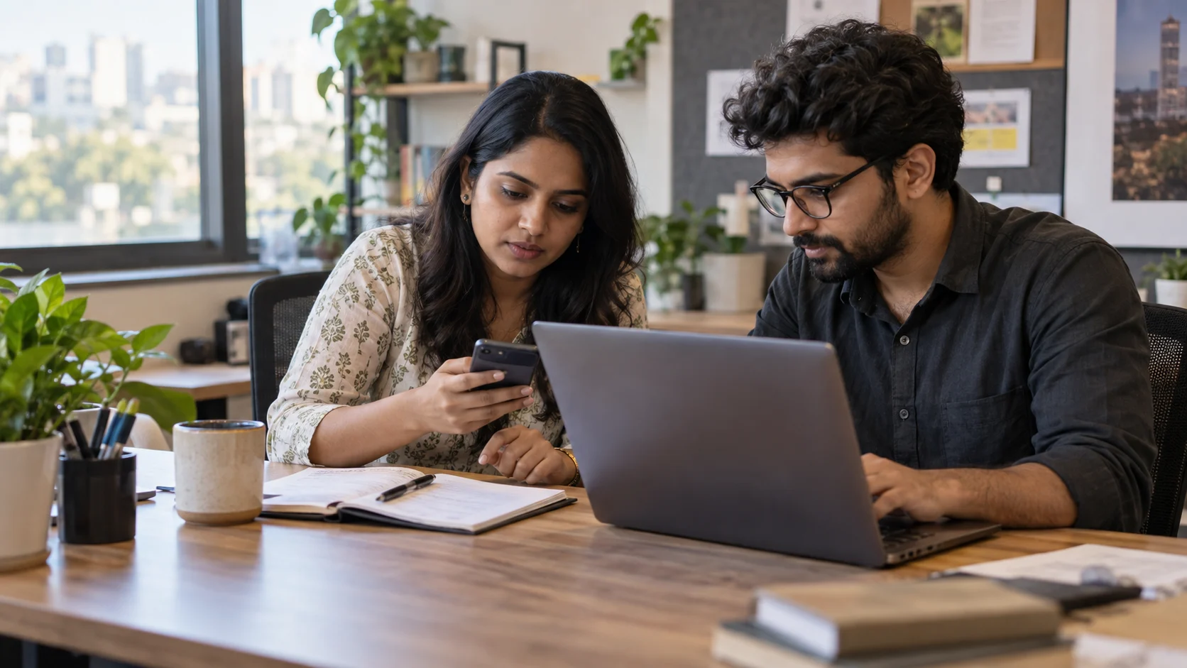 Two sales colleagues review a WhatsApp enquiry on a phone and record the follow-up on a laptop.