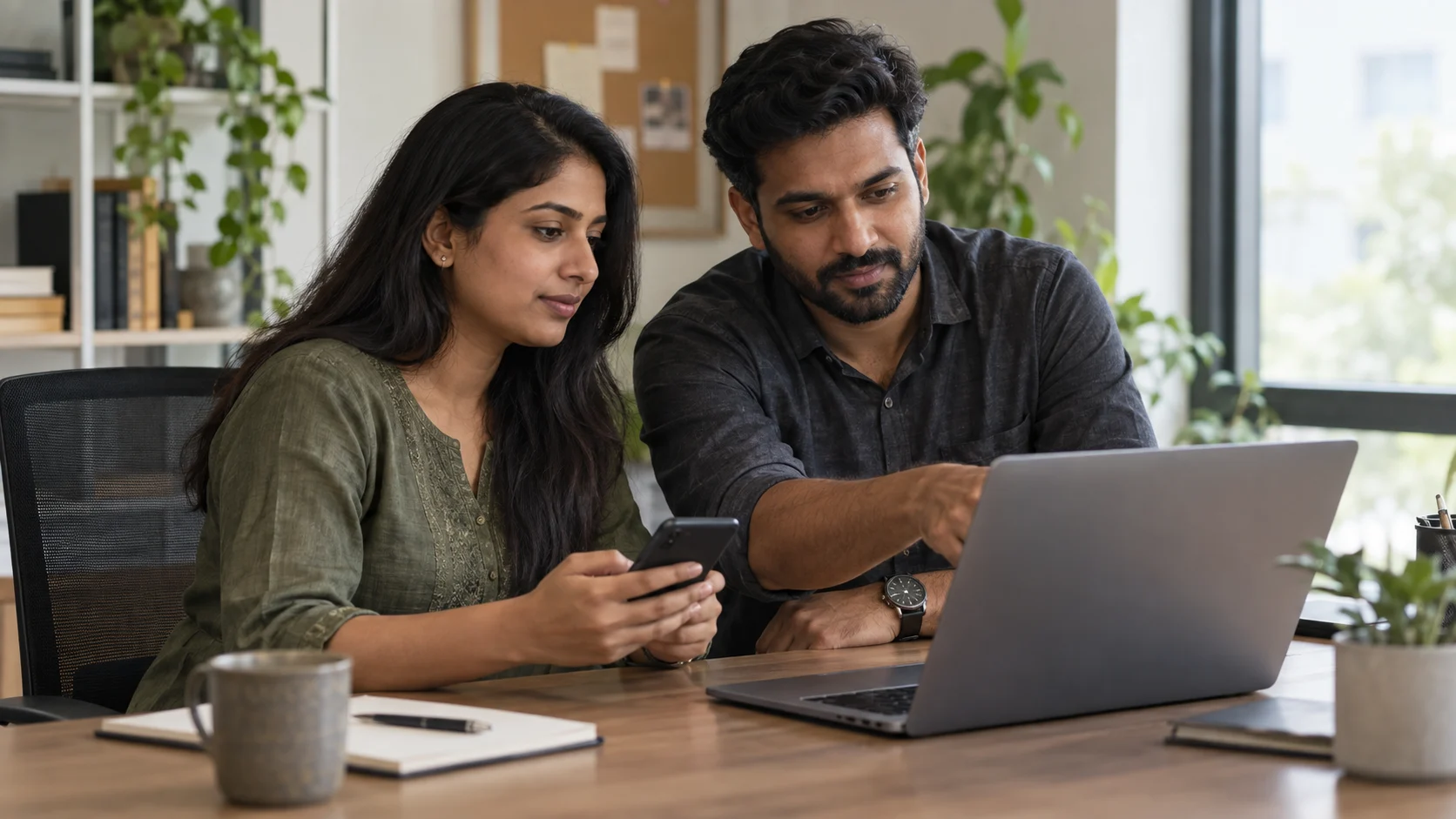 Two teammates look at a phone beside an open laptop in a small office.