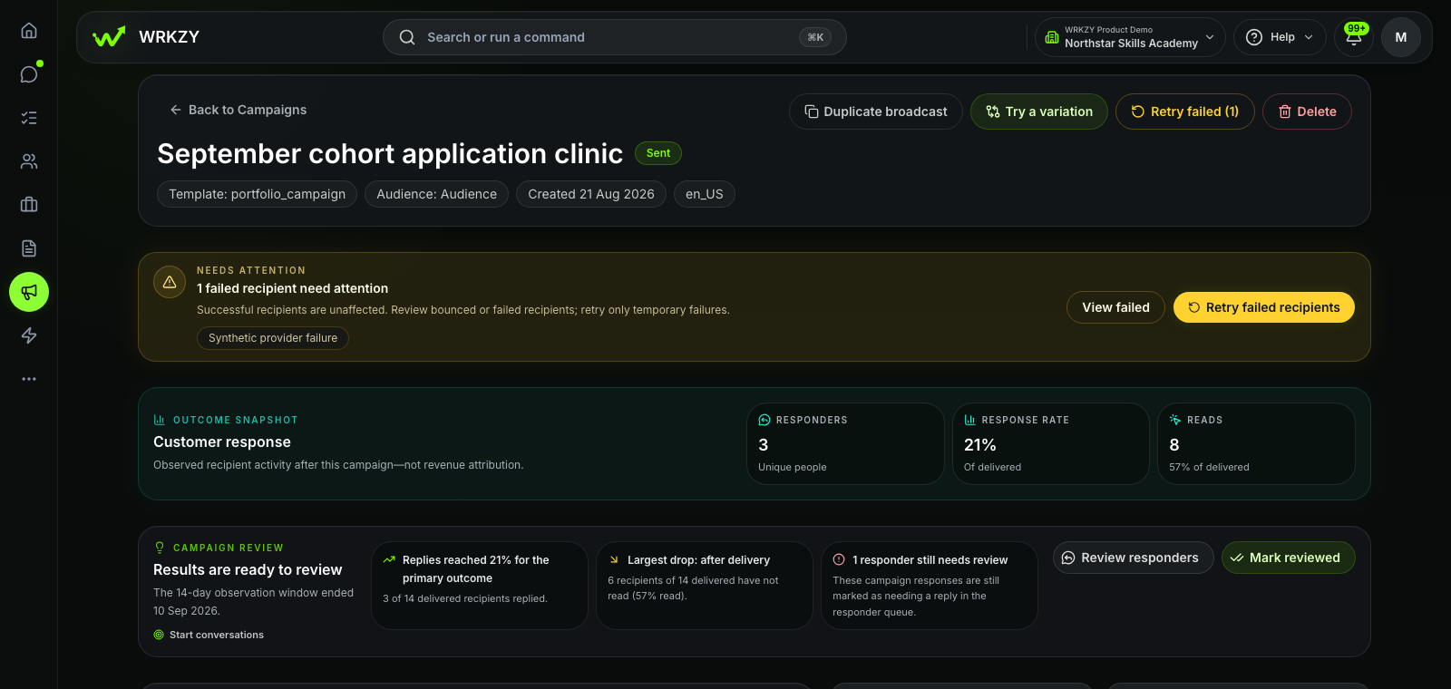 Sanitized Education Admissions demo showing September cohort campaign responses and review state.