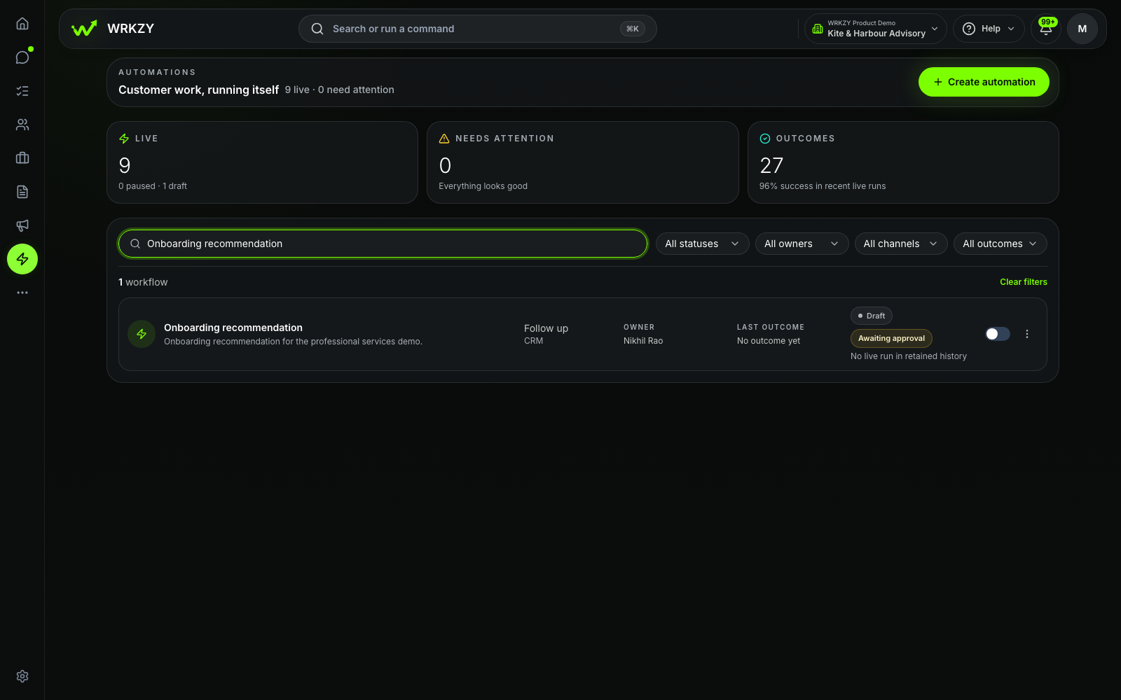 Sanitized Professional Services demo showing an onboarding follow-up automation awaiting approval.