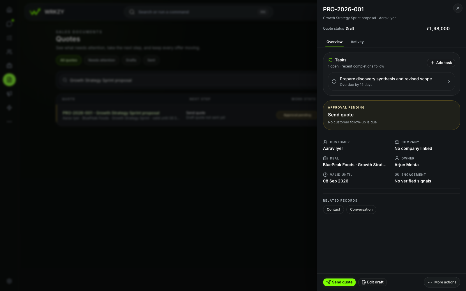 Sanitized Professional Services demo showing a proposal and quote under review.