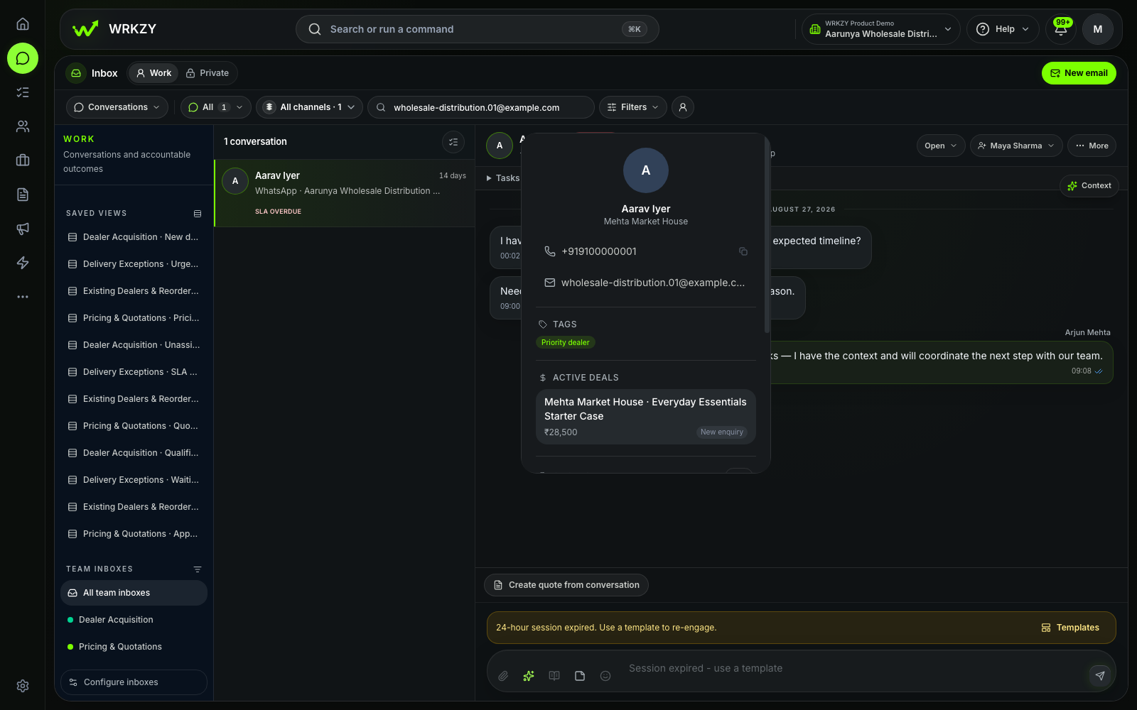 Sanitized Wholesale Distribution demo showing the Mehta dealer enquiry in a shared inbox.