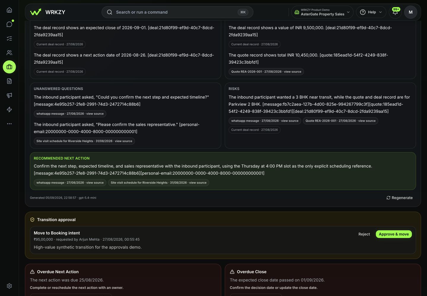 Real AI deal brief showing unanswered customer questions, risks, cited sources, and a recommended follow-up.
