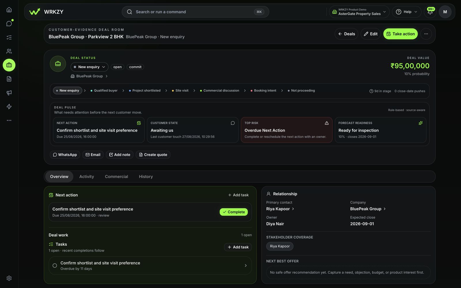 AsterGate demo deal showing its stage, value, next action, linked tasks, and customer details.