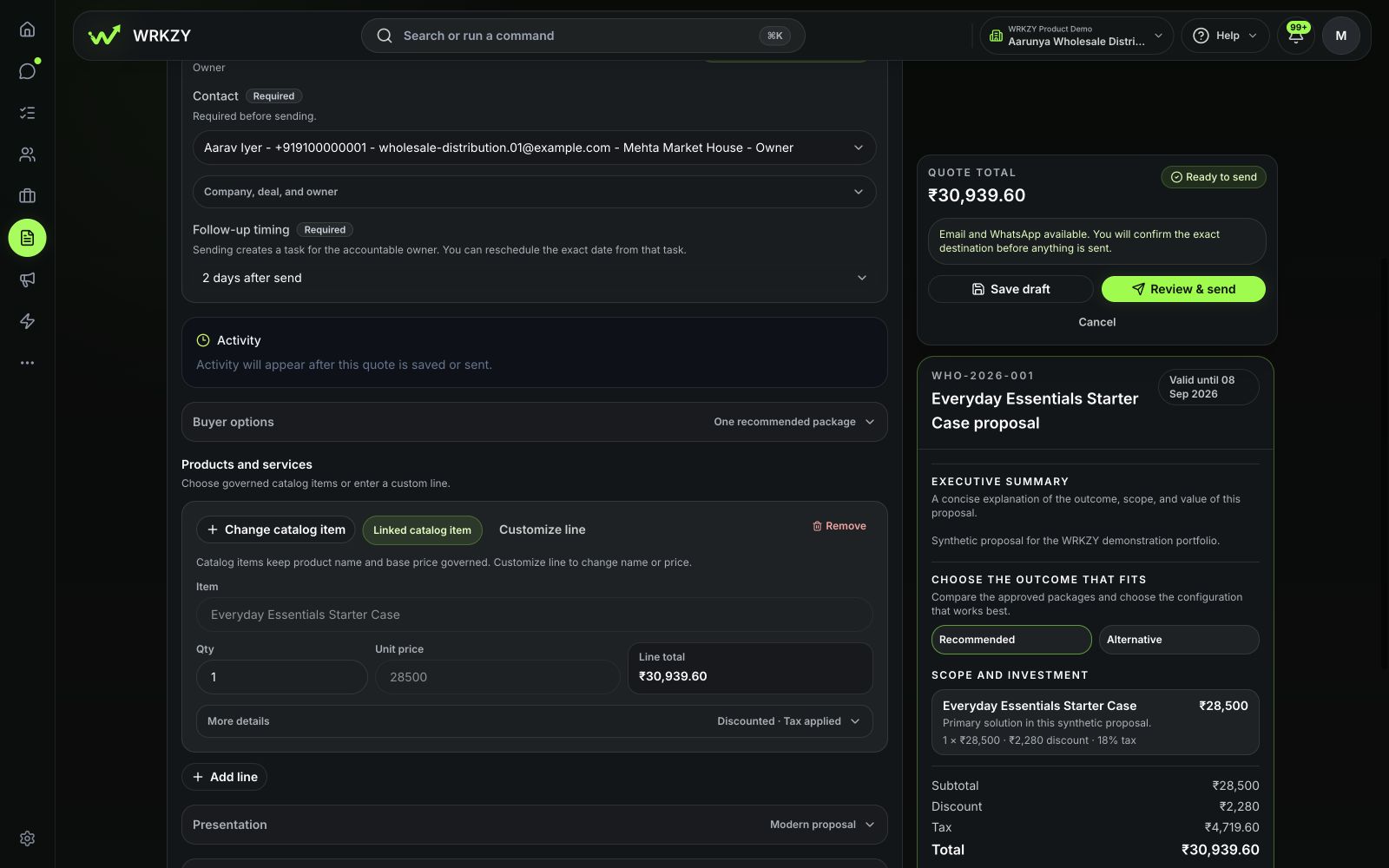 A populated wholesale quote showing a catalog line item, quantity, price, terms, total, and live quote preview.